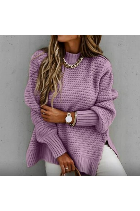 Womens Sweaters Turtleneck Cable Pullover Tops Warm Winter Tunic Tops Long Sleeve Side Slit Shirts Purple L