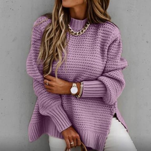CQONEPT Womens Sweaters Turtleneck Cable Pullover Tops Warm Winter Tunic Tops Long Sleeve Side Slit Shirts Purple M