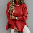thumbnail image 1 of CQONEPT Womens Sweaters Turtleneck Cable Pullover Tops Warm Winter Tunic Tops Long Sleeve Side Slit Shirts Red M, 1 of 5