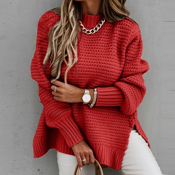 CQONEPT Womens Sweaters Turtleneck Cable Pullover Tops Warm Winter Tunic Tops Long Sleeve Side Slit Shirts Red M