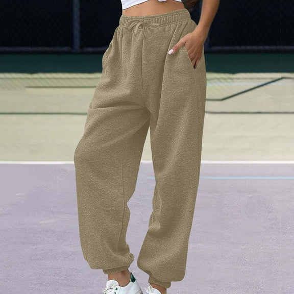 CQONEPT Womens Sweatpants Drawstring Fleece Lined Jogger Pant Tapered Pant Fashion Sports Jogging Trousers with Pockets Khaki S