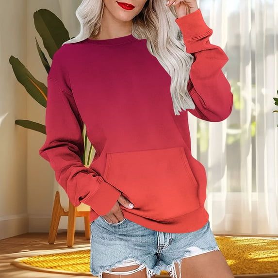 CQONEPT Womens Sweatshirt Color Block Crewneck Long Sleeve Tops Casual Loose Fit Tunic Tops with Pockets Red XXL