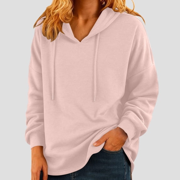 CQONEPT Womens Sweatshirts Dressy Casual Hoodies Fall Fashion Drawstring Clothes Solid Color Pullover Tops Pink M