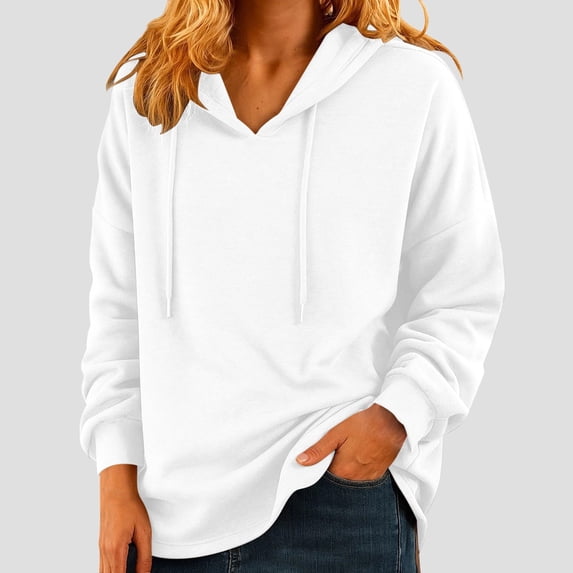 CQONEPT Womens Sweatshirts Dressy Casual Hoodies Fall Fashion Drawstring Clothes Solid Color Pullover Tops White XL