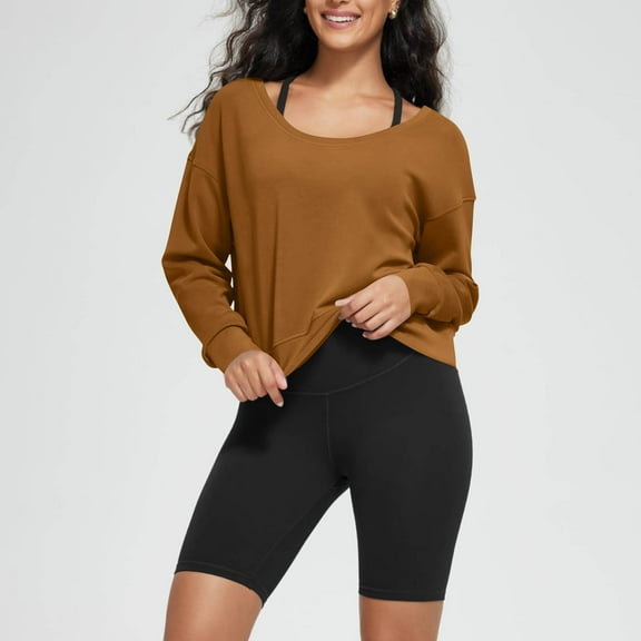 CQONEPT Womens Sweatshirts Scoop Neck Casual Pullover Tops Long Sleeve Tunic Tops Solid Fall Fashion Clothes Brown S
