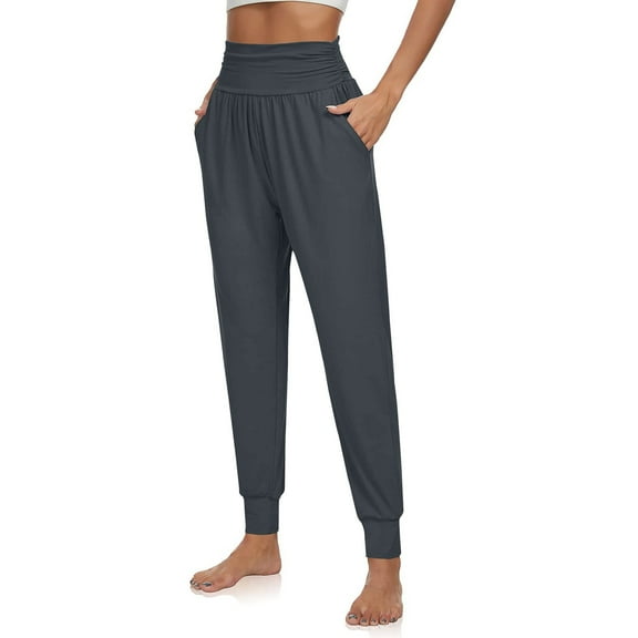 CQONEPT Womens Tapered Pants Dressy Casual High Waist Loose Workouts Activewear Trousers with Pockets Dark Gray 2XL