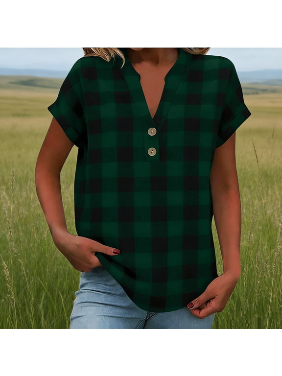 Womens Tops Short Sleeve Henley Button Down T Shirts Business Work Blouses Casual Tunics Summer Vacation Blouse Tops Green 2XL