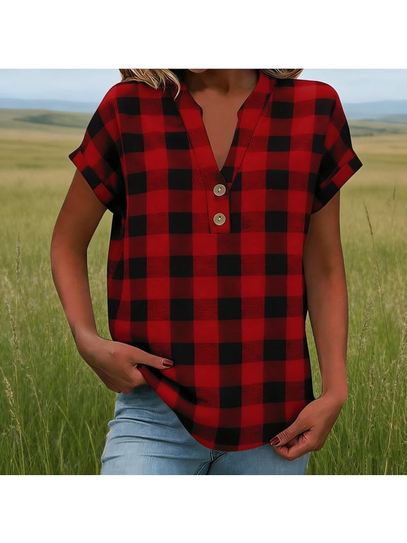 Womens Tops Short Sleeve Henley Button Down T Shirts Business Work Blouses Casual Tunics Summer Vacation Blouse Tops Red 2XL
