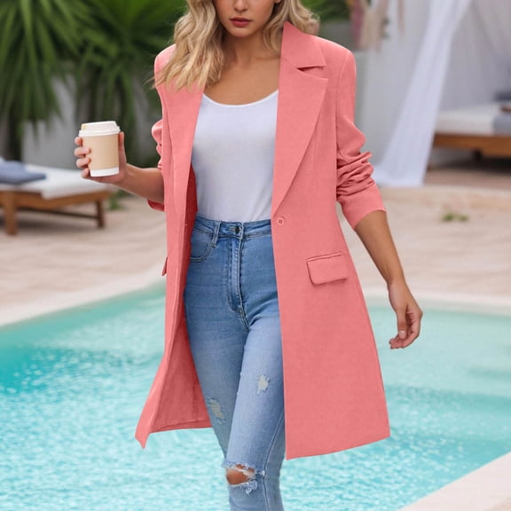 CQONEPT Womens Trench Coats Notched Collar Long Peacoat Casual Warm Blazer Trendy Cardigan Outerwear with Pockets Pink S