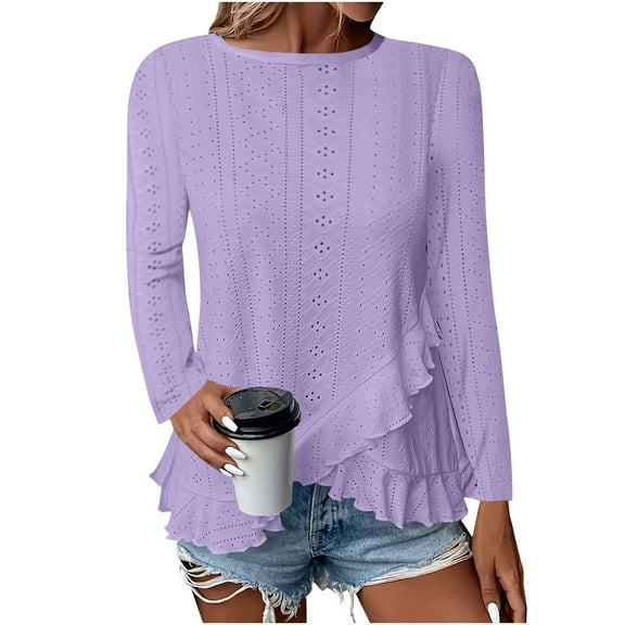 CQONEPT Womens Tunic Tops Asymmetric Ruffle Long Sleeve Shirts Crewneck Lounge Blouse Outdoor Pullover Purple 2XL