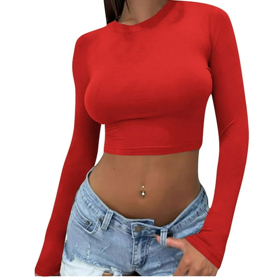 CQONEPT Womens Tunic Tops Crewneck Compression Long Sleeve Shirts Casual Skinny Fashion Pullover Tops Red XL