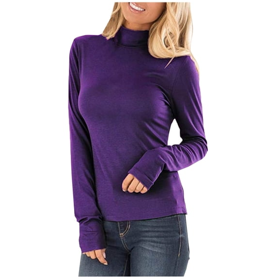 CQONEPT Womens Turtleneck Tops Skinny Comfy Undershitrts Casual Tunic Tops Solid Color Long Sleeve Shirts Purple 2XL