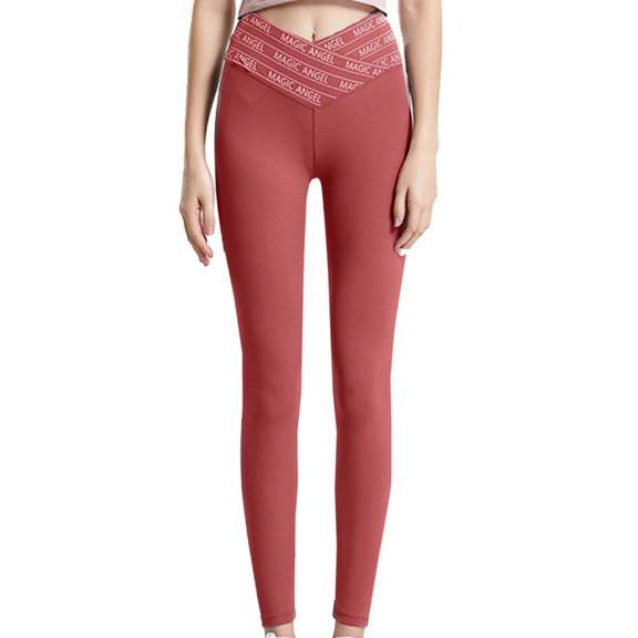 CQONEPT Womens V Cross Waist Yoga Pants Slimming Butt Lifting Tummy Control Leggings Skinny Active Workouts Pant Watermelon Red M