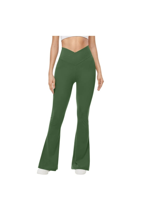 Womens V Cross Waist Yoga Pants Tummy Control High Waist Flared Pant Wide Leg Baggy Casual Workouts Leggings Army Green M