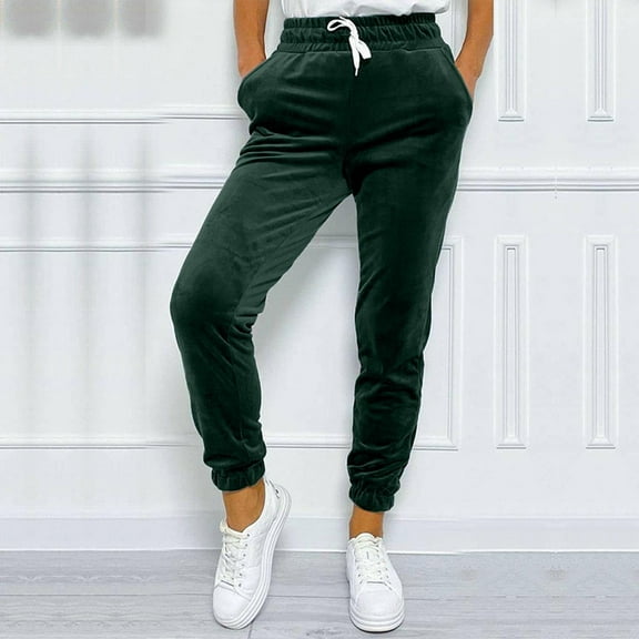 CQONEPT Womens Velvet Pants Drawstring Elastic Waisted Tapered Pant Warm Comfy Fashion Streetwear Trousers with Pockets Green L