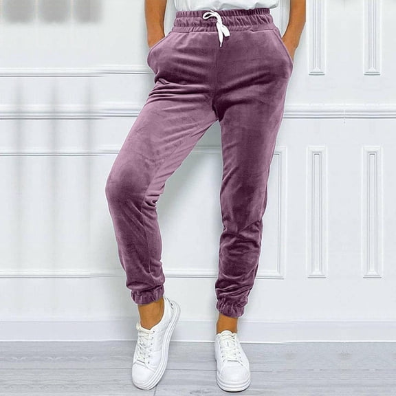 CQONEPT Womens Velvet Pants Drawstring Elastic Waisted Tapered Pant Warm Comfy Fashion Streetwear Trousers with Pockets Purple S