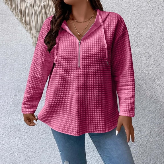 CQONEPT Womens Waffle Hooded Solid Color Drawstring Sweatshirts 1/4 Zip Casual Pullover Tops Fall Fashion Tunic Hot Pink 3XL