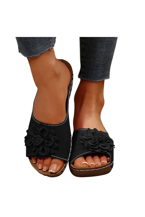 Womens Wedge Slide Sandals Open Toe Low Heel Non Slip Flats Anti Slip Casual Slip Arch Support Orthopedic Slides Black 40