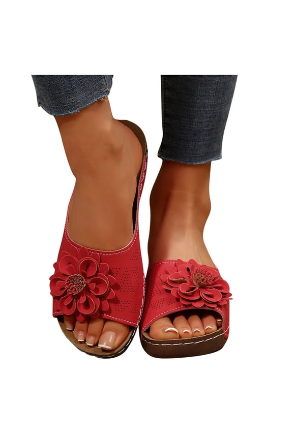 Womens Wedge Slide Sandals Open Toe Low Heel Non Slip Flats Anti Slip Casual Slip Arch Support Orthopedic Slides Red 38