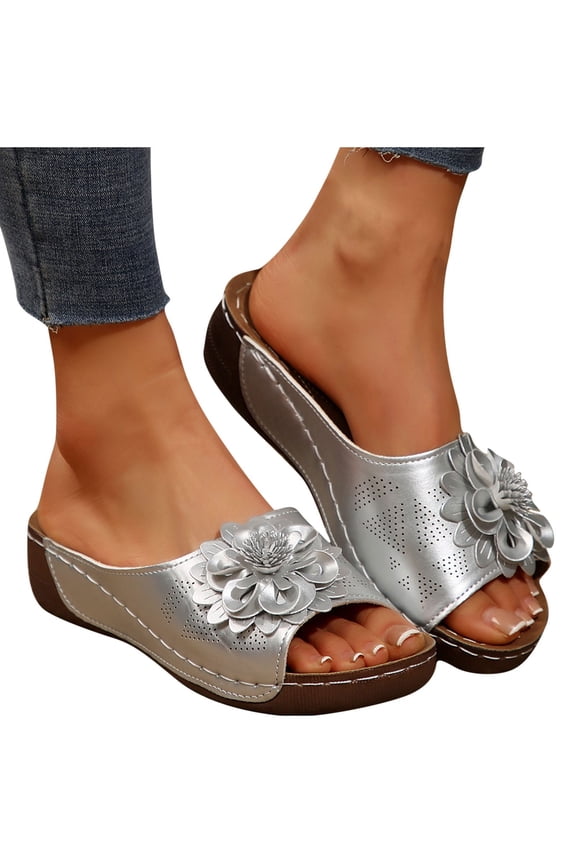 Womens Wedge Slide Sandals Open Toe Low Heel Non Slip Flats Anti Slip Casual Slip Arch Support Orthopedic Slides Silver 39
