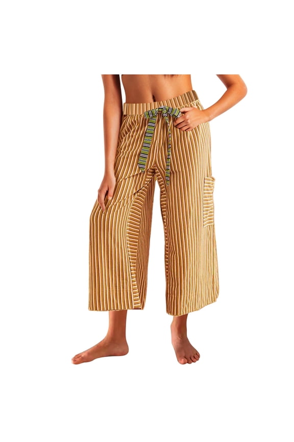 Womens Wide Leg Capris Pants Drawstring Baggy Leisure Boho Pants Palazzo Vacation Pant with Pockets Orange M