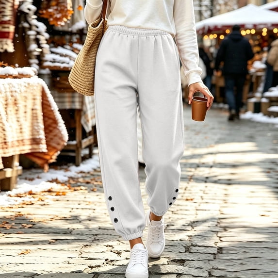 CQONEPT Womens Wide Leg Corduroy Pants Drawstring Elastic Waist Harem Pants Fashion Lounge Palazzo Trousers with Pockets White M