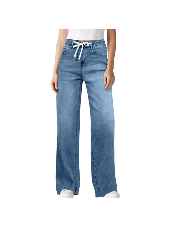 Womens Wide Leg Jeans Trendy Elastic Waist Denim Pnats with Pockets Drawstring Stretchy Straight Leg Baggy Pants Light Blue XL