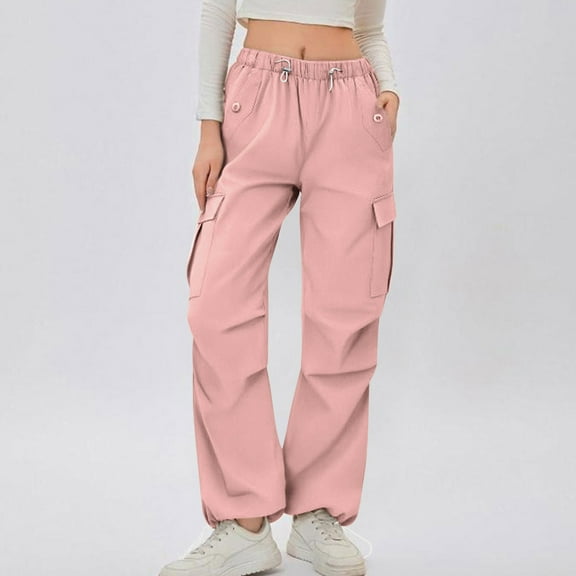 CQONEPT Womens Wide Leg Jeans Trendy Elastic Waist Denim Pnats with Pockets Drawstring Stretchy Straight Leg Baggy Pants Pink S