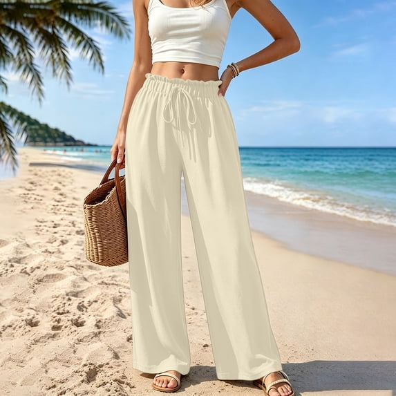CQONEPT Womens Wide Leg Linen Pants Palazzo High Waisted Flowy Pant Lounge Baggy Casual Work Pants Trousers with Pockets Beige 2XL