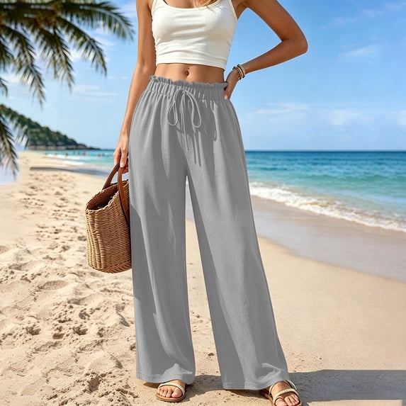 CQONEPT Womens Wide Leg Linen Pants Palazzo High Waisted Flowy Pant Lounge Baggy Casual Work Pants Trousers with Pockets Gray XL