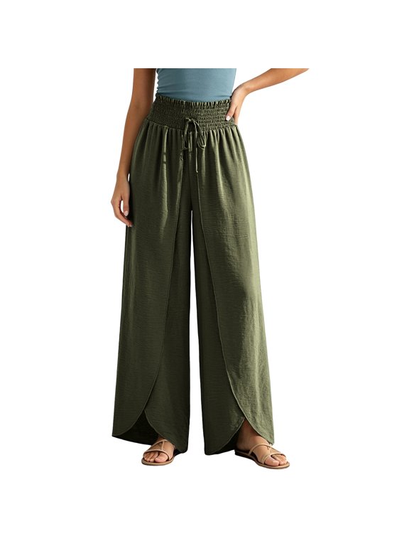 Womens Wide Leg Pant High Waisted Wrap Palazzo Pant Lightweight Textured Smocked Waist Drawstring Fall Fahion Trousers