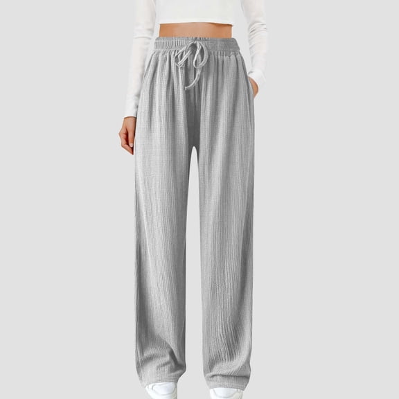 CQONEPT Womens Wide Leg Pants Loungewear Baggy Fleece Pant Drawstring Elastic Waist Trendy Trousers with Pockets Gray S