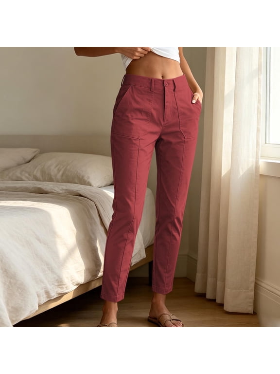 Womens Work Pants Dressy Casual Straight Leg High Waist Cargo Ankle Pants Button Slim Cropped Trousers with Pockets Chino Pant for Outdoor Daily Wear M