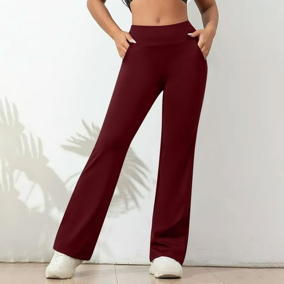 CQONEPT Womens Yoga Pant with Pockets High Waist Flared Tummy Control Pants Stretchy Lounge Loose Fit Athletic Leggings Wine XL
