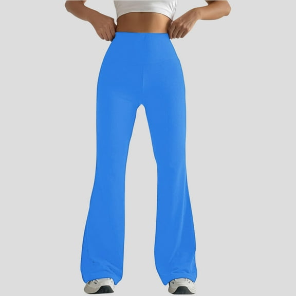 CQONEPT Womens Yoga Pants High Rise Bell Bottom Tummy Control Pant Casual Workouts Running Outdoor Trousers with Pockets Blue M