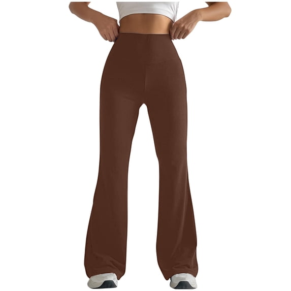 CQONEPT Womens Yoga Pants High Rise Bell Bottom Tummy Control Pant Casual Workouts Running Outdoor Trousers with Pockets Brown 2XL