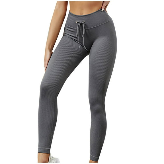 CQONEPT Womens Yoga Pants Skinny Leg Compression High Waist Drawstring Pant Athletic Solid Color Trousers Gray S
