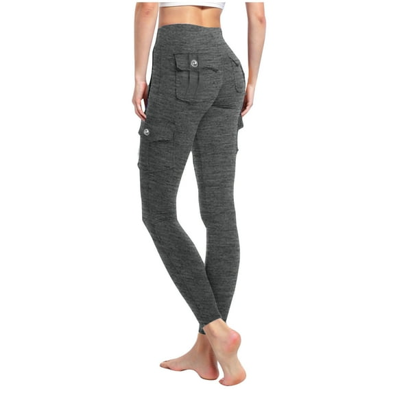 CQONEPT Womens Yoga Pants with Multi Pockets Casual Tummy Control Tighting Fiting Cargo Pants Slim Fit High Waist Leggings Dark Gray M
