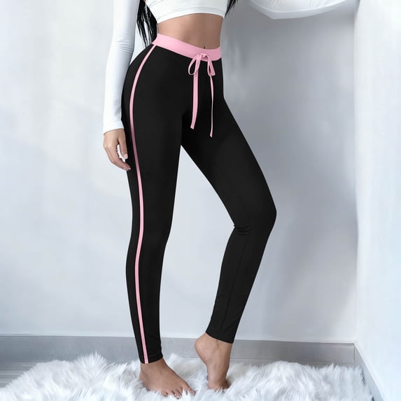 CQONEPT Womens Yoga Tight Leggings Side Striped Jogger Pants Slim Fit Drawstring Stretchy Elastic Waist Athletic Trousers Pink L