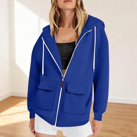 CQONEPT Womens Zip Up Hoodies Drawstring Fall Winter Sweatshirts Dressy Casual Shirts Warm Fleece Lined Shirts with Pockets Blue S