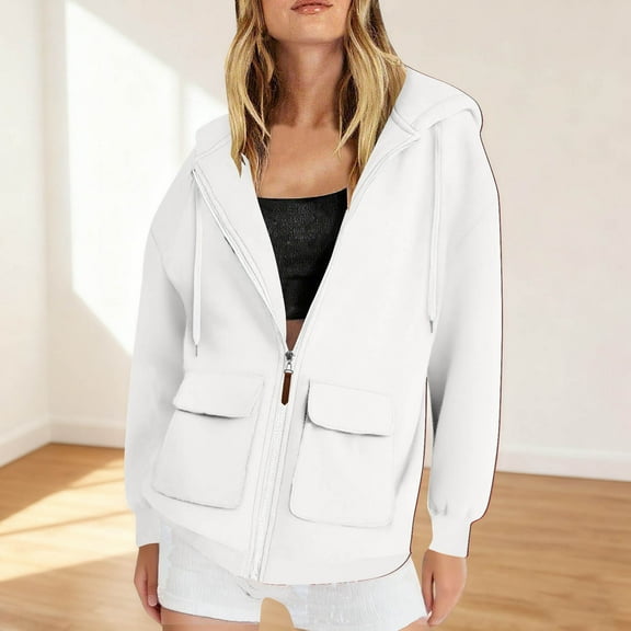 CQONEPT Womens Zip Up Hoodies Drawstring Fall Winter Sweatshirts Dressy Casual Shirts Warm Fleece Lined Shirts with Pockets White XL
