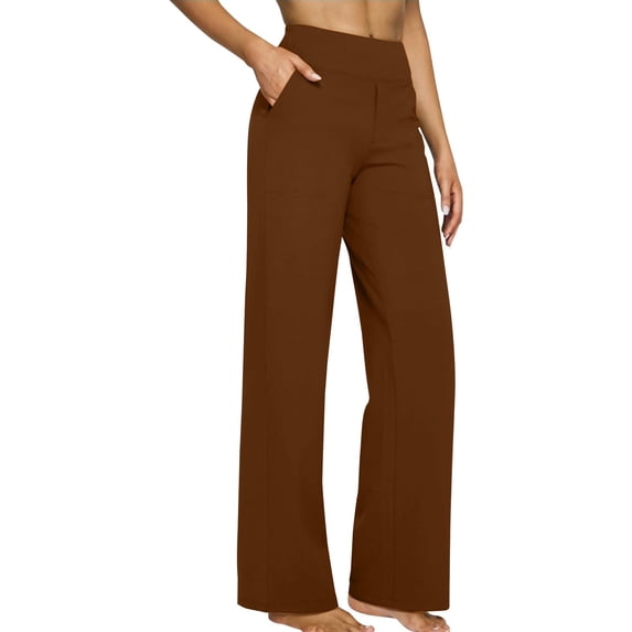 CQONEPT Yoga Pants for Womens with Pockets Wide Leg Casual Tummy Control Pant High Rise Baggy Workouts Leggings Brown L
