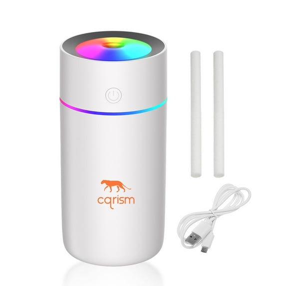 CQRISM Portable Mini Humidifier: 320ml, Cool Mist LED, Ultrasonic, 100-300 Sq ft Coverage.