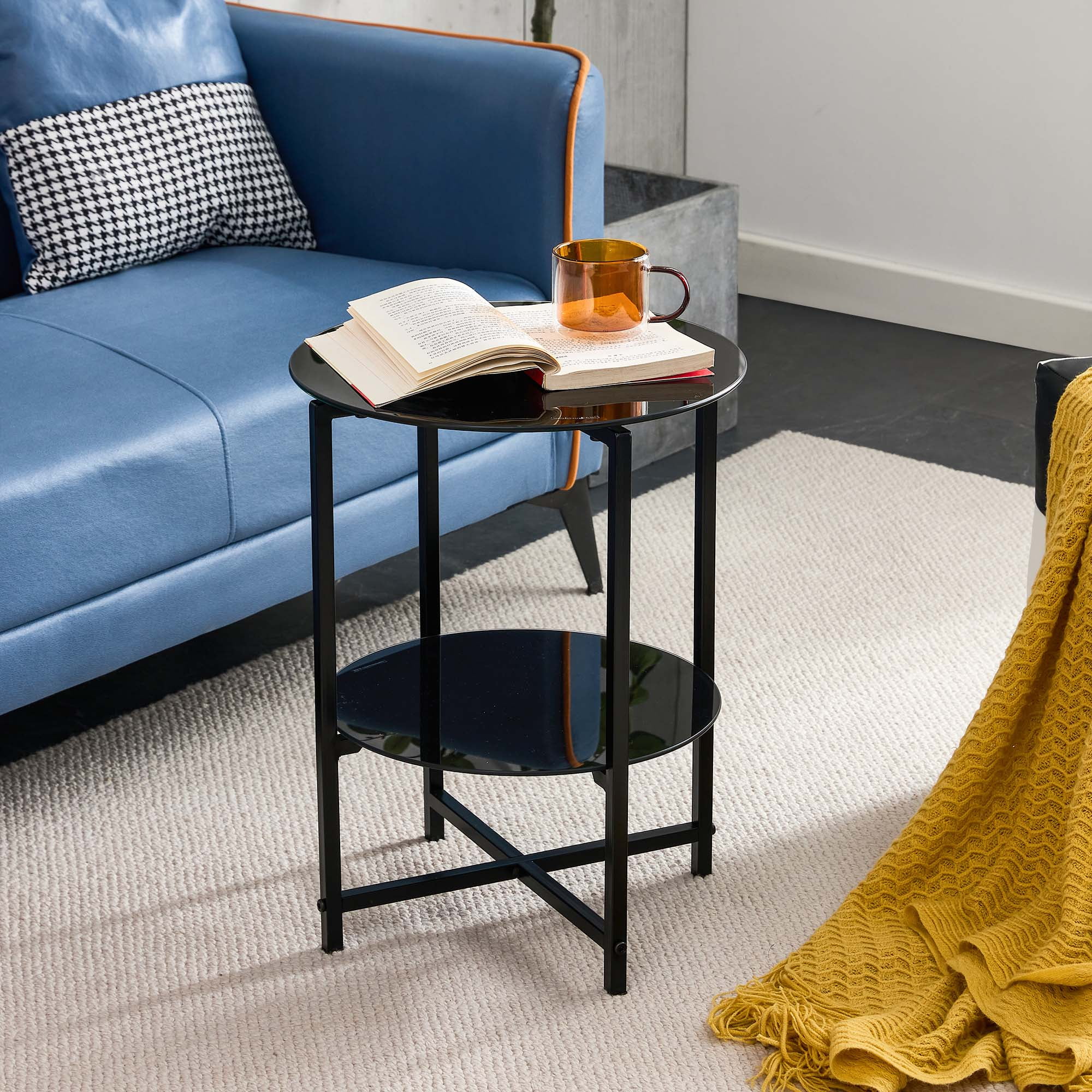 CQSXD Black Glass Round End Table, Small Round Table, Black Side Table ...