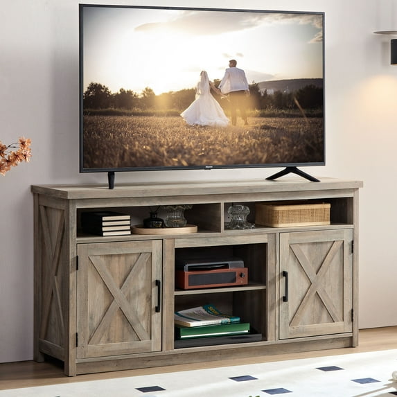 CQSXD Farmhouse Barn door TV Media Stand Modern Entertainment Console for TV Up to 65" with Open and Closed Storage Space, Gray Wash
