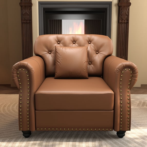 CQSXDA 1 Seat Mid-Century Modern Chesterfield Sofa Faux Leather with Nailhead Trim and Pillow Included, with Rolled Armrests and Button Tufted Design for Any Space, Brown