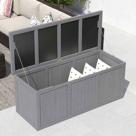 CQSXDA 112 Gallon Wooden Deck Box with Seat Top Durable Solid Wood Storage for Patio Furniture Cushions and Outdoor Gear,Grey