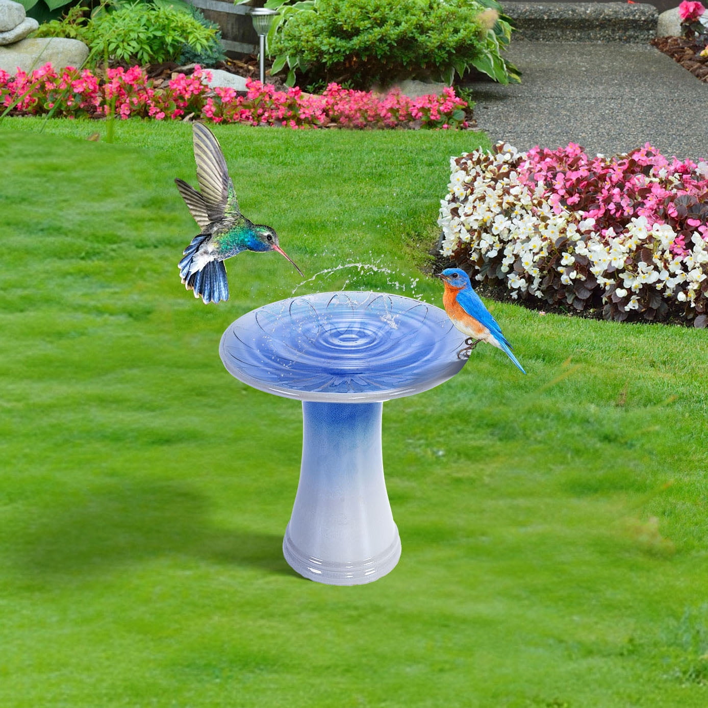 CQSXDA 17" Ceramic Pedestal Birdbath, Blue Gray Ombre Floral Pattern, Outdoor Garden Decor