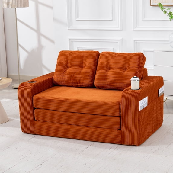 CQSXDA 2 In 1 Convertible Sofa Bed With Fold Out Floor Couch Design With Pillows For Lounge Settings, Orange