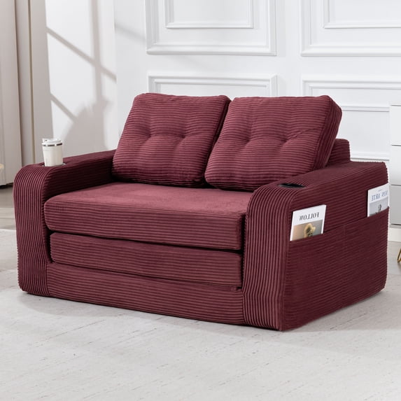 CQSXDA 2 In 1 Convertible Sofa Bed With Fold Out Floor Couch Design With Pillows For Lounge Settings, Wine Red